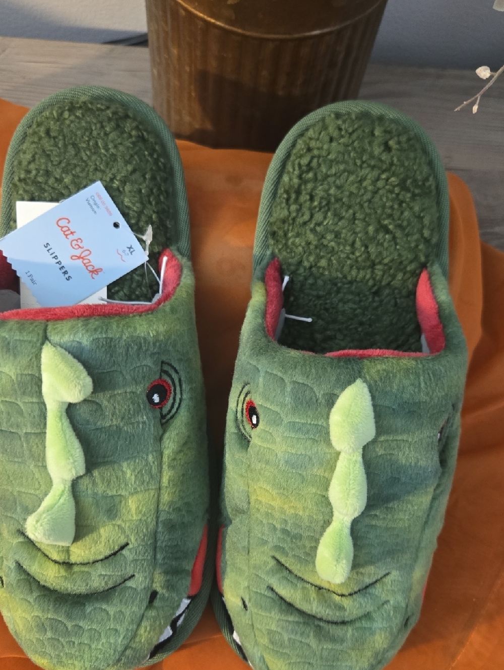 Cat & Jack Green Plush Alligator Slippers